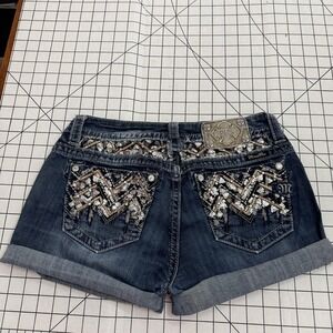Miss Me Shorts Womens 30 Blue Denim Cuffed Cut Off Sequin Rhinestone Pockets